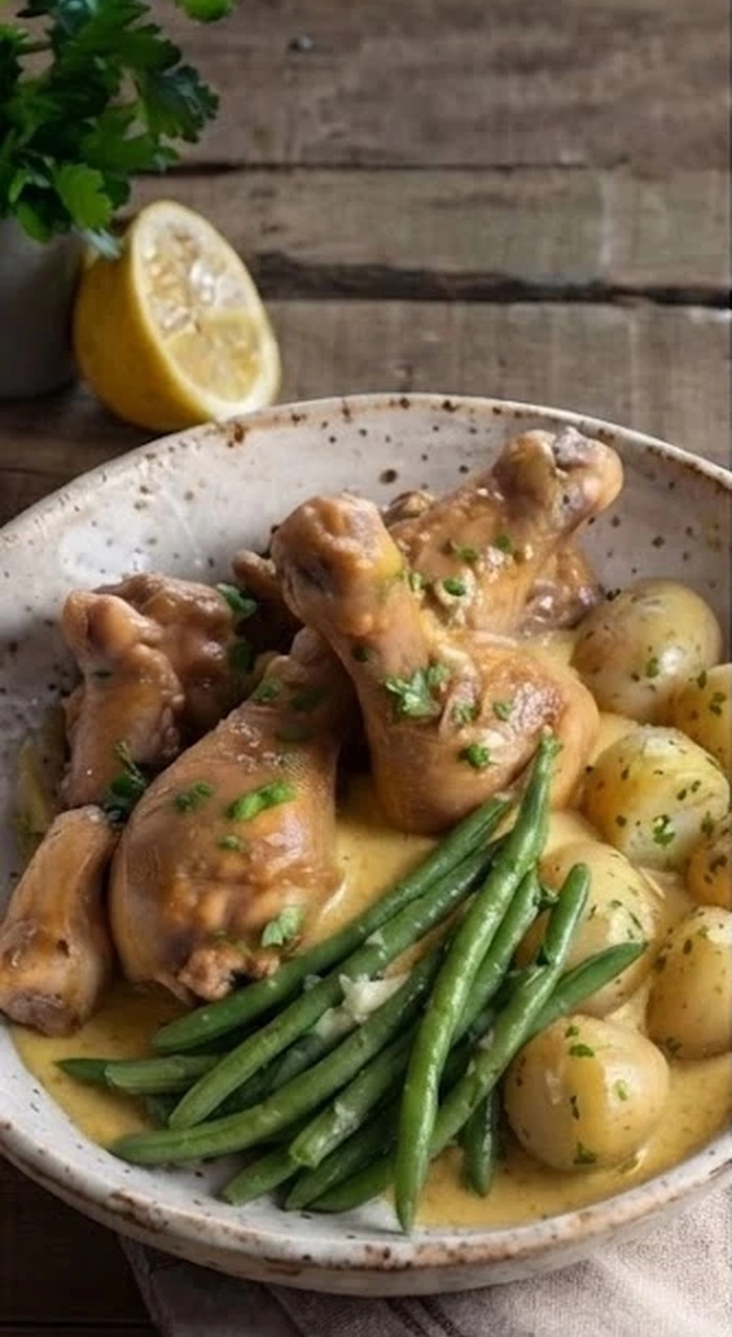 Muslos de pollo en salsa de ajillo (con judías verdes al vapor)