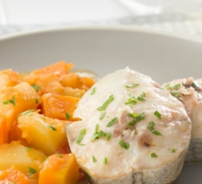 Merluza con calabaza y papas
